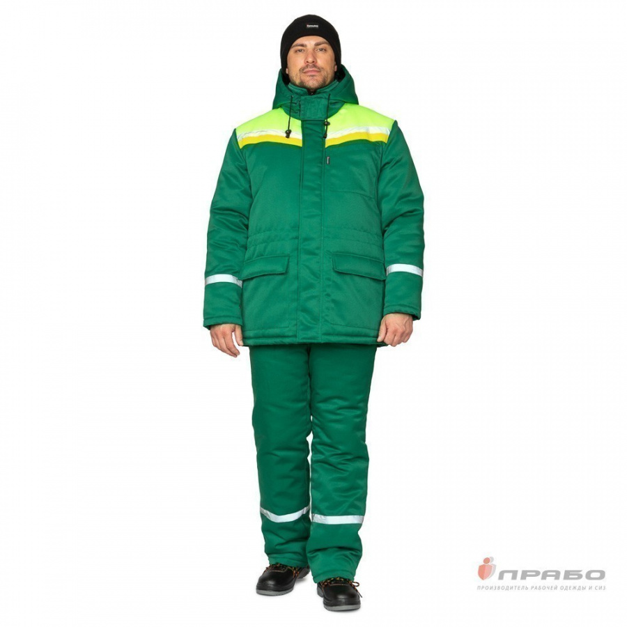 Костюм мужской утеплённый "Стройка" зелёный/лимонный/жёлтый (куртка и полукомбинезон)